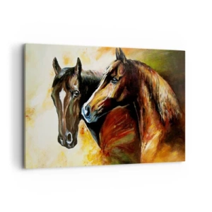 Impression sur toile - Image sur toile - Une paire de chevaux dans une composition picturale - 120x80cm - Deux fois plus gracieux - Décoration murale moderne pour le salon et la chambre ARTTOR