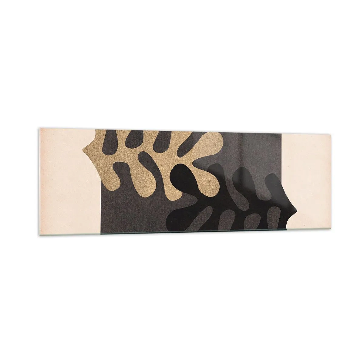 Impression sur verre - Image sur verre - Feuilles abstraites en noir et beige sur un fond rectangulaire - 160x50cm - Absence et complément - Décoration murale moderne pour le salon et la chambre ARTTOR