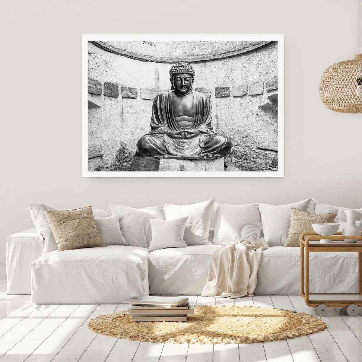 Affiche - Poster - Statue de Bouddha noir et blanc dans une pose méditative - 100x70cm - A la source de la paix - Décoration murale moderne pour le salon et la chambre ARTTOR