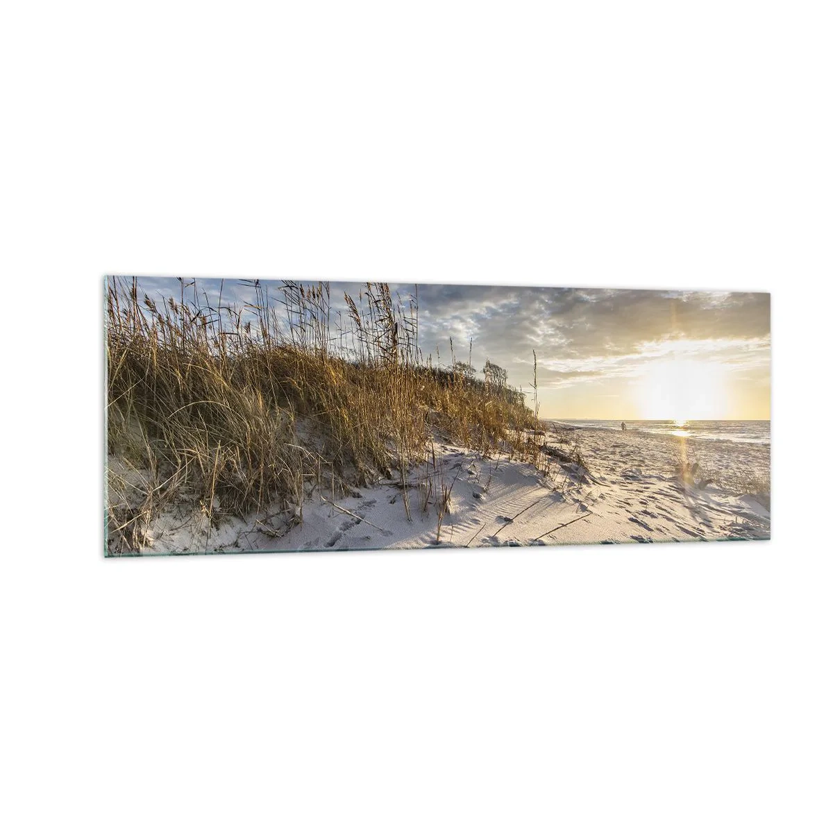 Impression sur verre - Image sur verre - Dunes avec de l'herbe et des empreintes de pas dans le sable au coucher du soleil - 140x50cm - Invitation à la ballade - Décoration murale moderne pour le salon et la chambre ARTTOR
