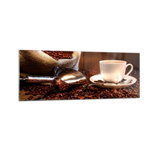 Impression sur verre - Image sur verre - Une tasse de café avec des grains de café et un sac de céréales en arrière-plan - 140x50cm - Sentez-vous cette odeur? - Décoration murale moderne pour le salon et la chambre ARTTOR