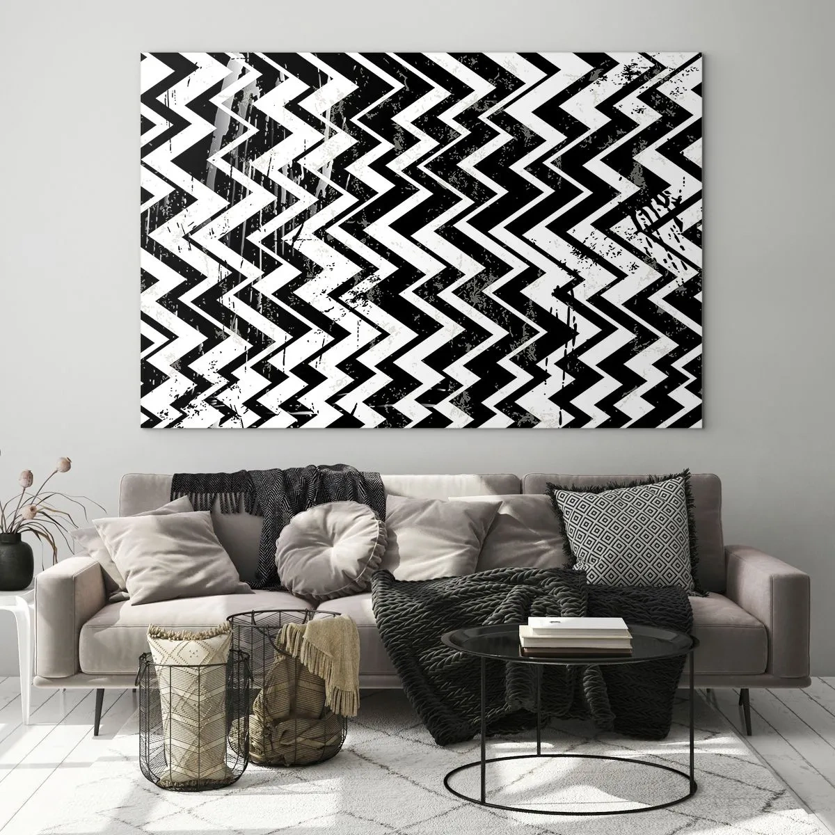 Impression sur verre - Image sur verre - Un motif en zigzag noir et blanc avec une composition et une texture dynamiques. - 120x80cm - Zig-blanc, zag-noir - Décoration murale moderne pour le salon et la chambre ARTTOR