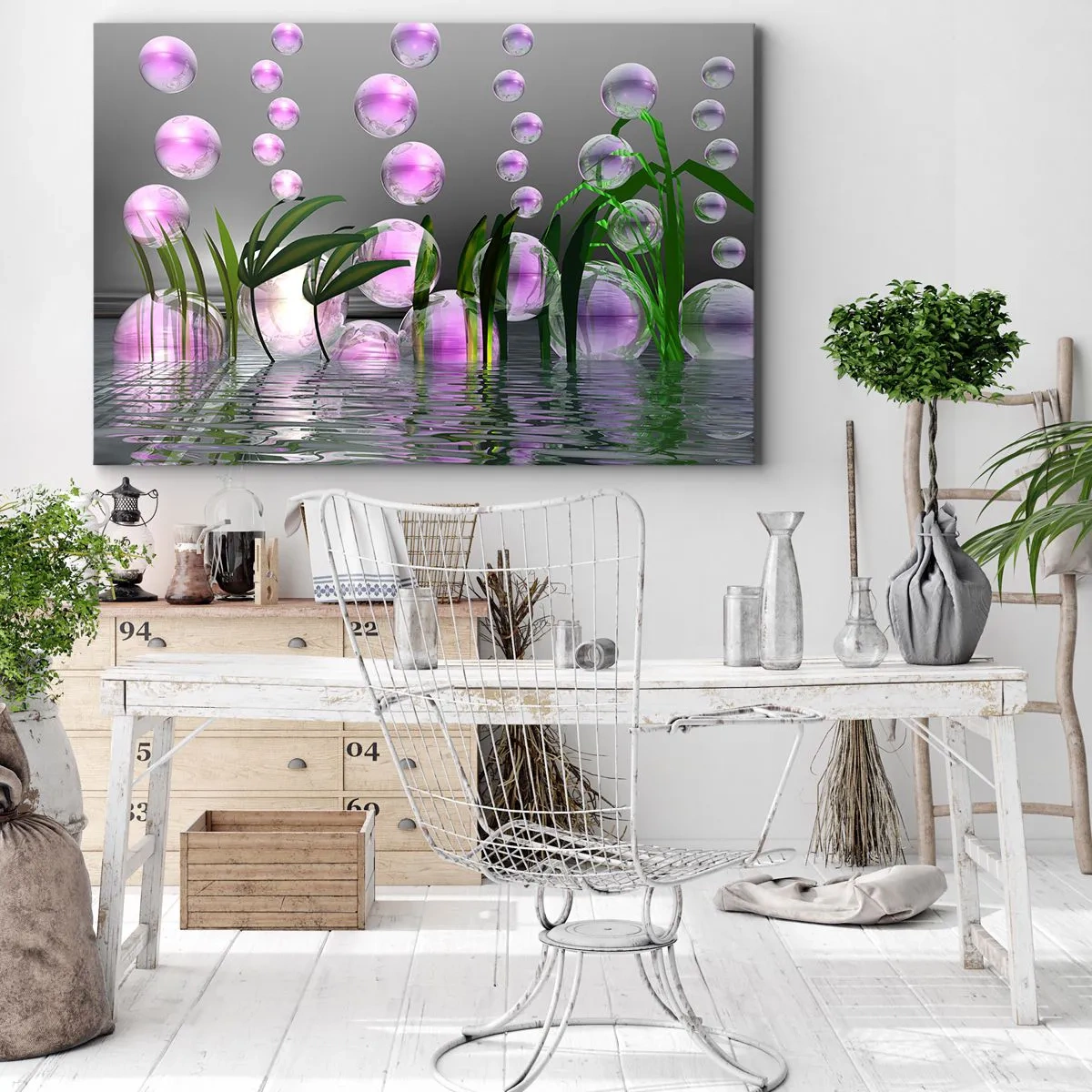 Impression sur toile - Image sur toile - Feuilles vertes et bulles roses au-dessus de l'eau sur fond gris - 120x80cm - Une composition réfléchissante de légèreté et de vie - Décoration murale moderne pour le salon et la chambre ARTTOR