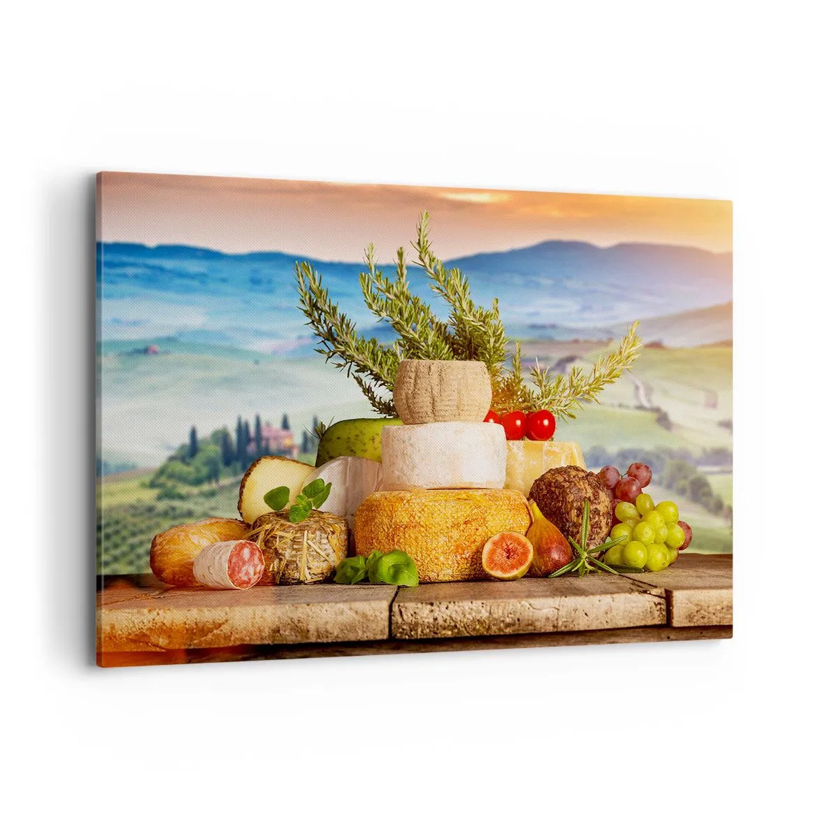 Impression sur toile - Image sur toile - Une composition de fromages et de fruits sur fond de paysage toscan - 120x80cm - La joie de vivre à l'italienne - Décoration murale moderne pour le salon et la chambre ARTTOR