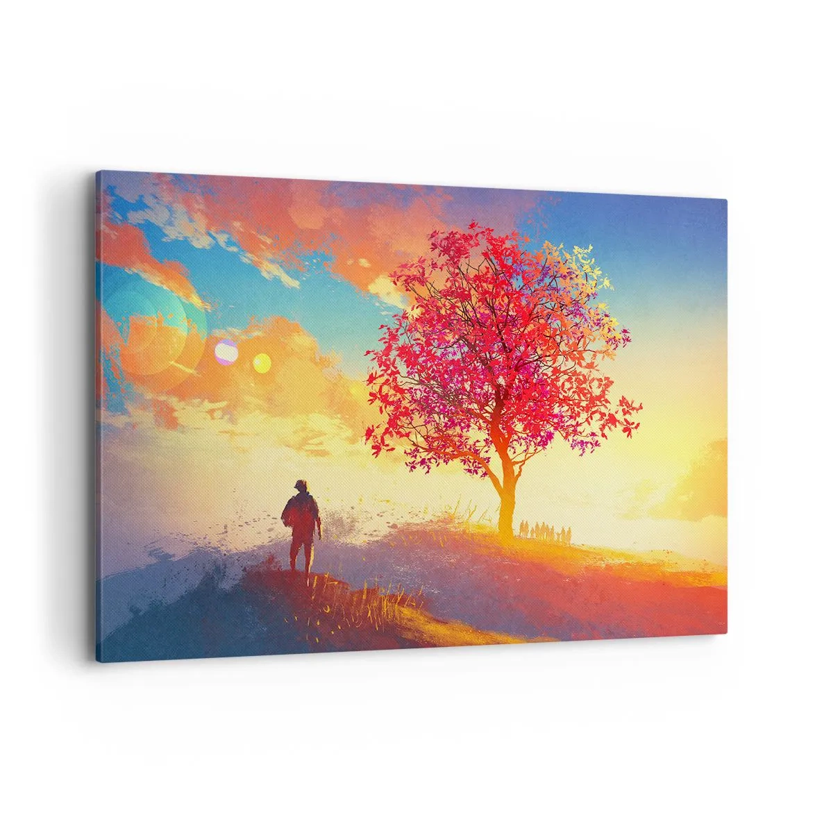 Impression sur toile - Image sur toile - Une silhouette sur une colline à côté d'un arbre coloré à la lumière du soleil couchant - 120x80cm - Pèlerin à destination - Décoration murale moderne pour le salon et la chambre ARTTOR