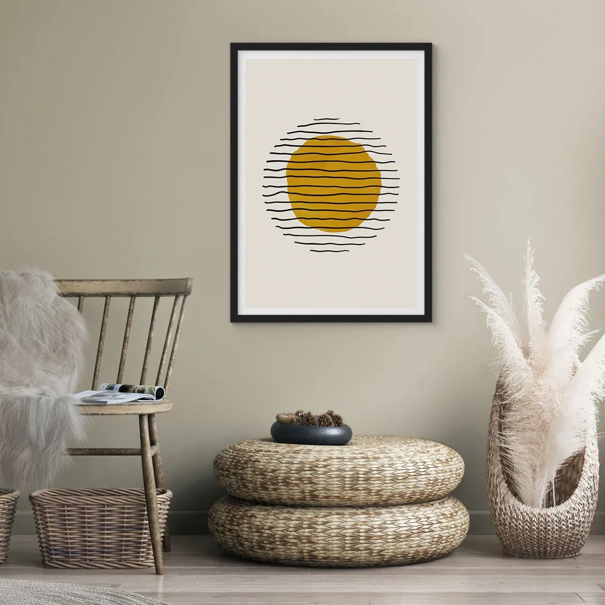 Affiche dans un cadre noir - Poster - Graphique minimaliste avec un cercle jaune et des lignes noires - 50x70cm - Abstraction tremblante de chaleur - Décoration murale moderne pour le salon et la chambre ARTTOR