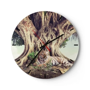 Horloge murale - Pendule murale - Un tigre couché au pied d'un arbre puissant - 30x30cm - Vue du Livre de la Genèse - Décoration murale moderne pour le salon, la cuisine et la chambre ARTTOR