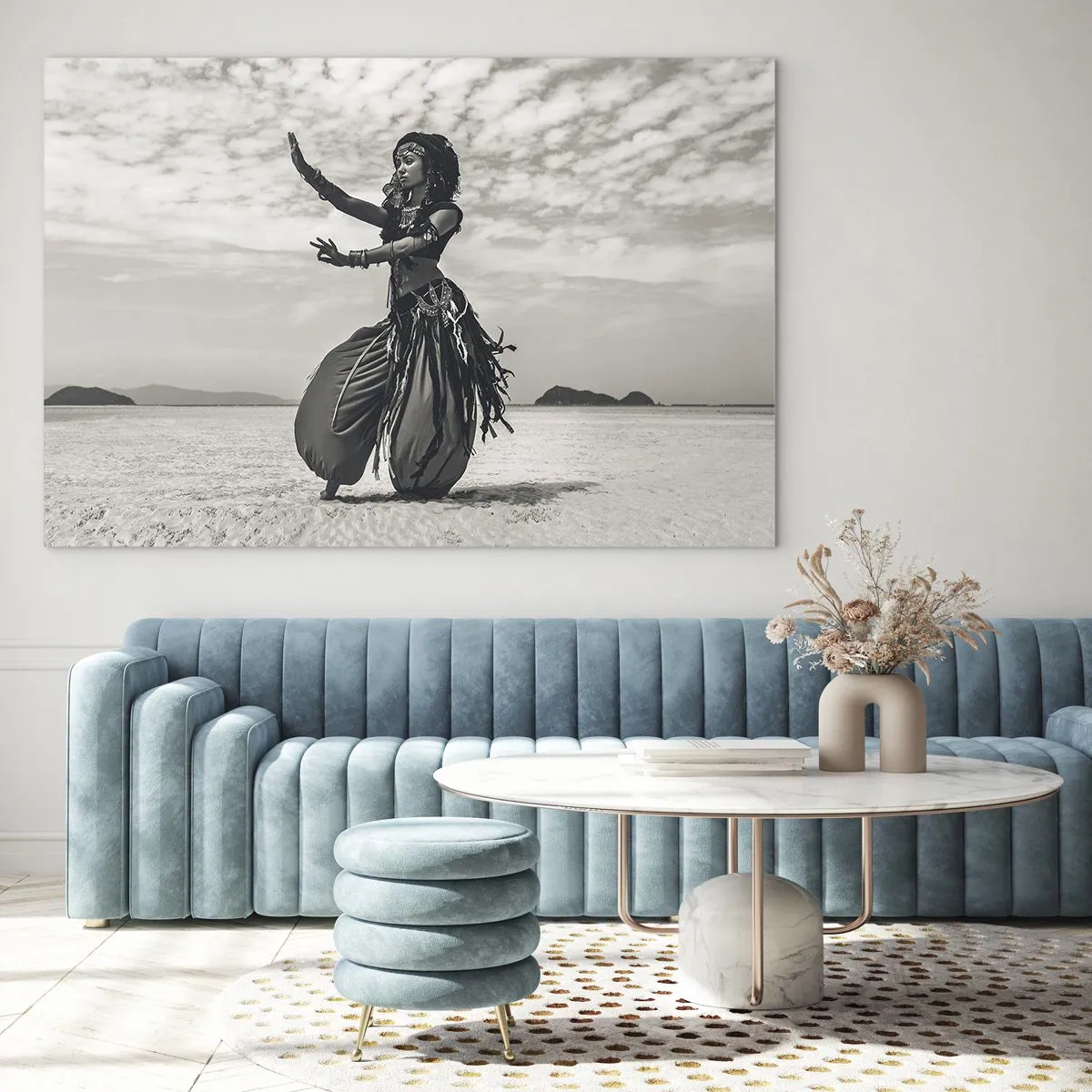 Impression sur verre - Image sur verre - Photographie en noir et blanc d'une danseuse dans le désert - 120x80cm - Danse des îles du sud - Décoration murale moderne pour le salon et la chambre ARTTOR
