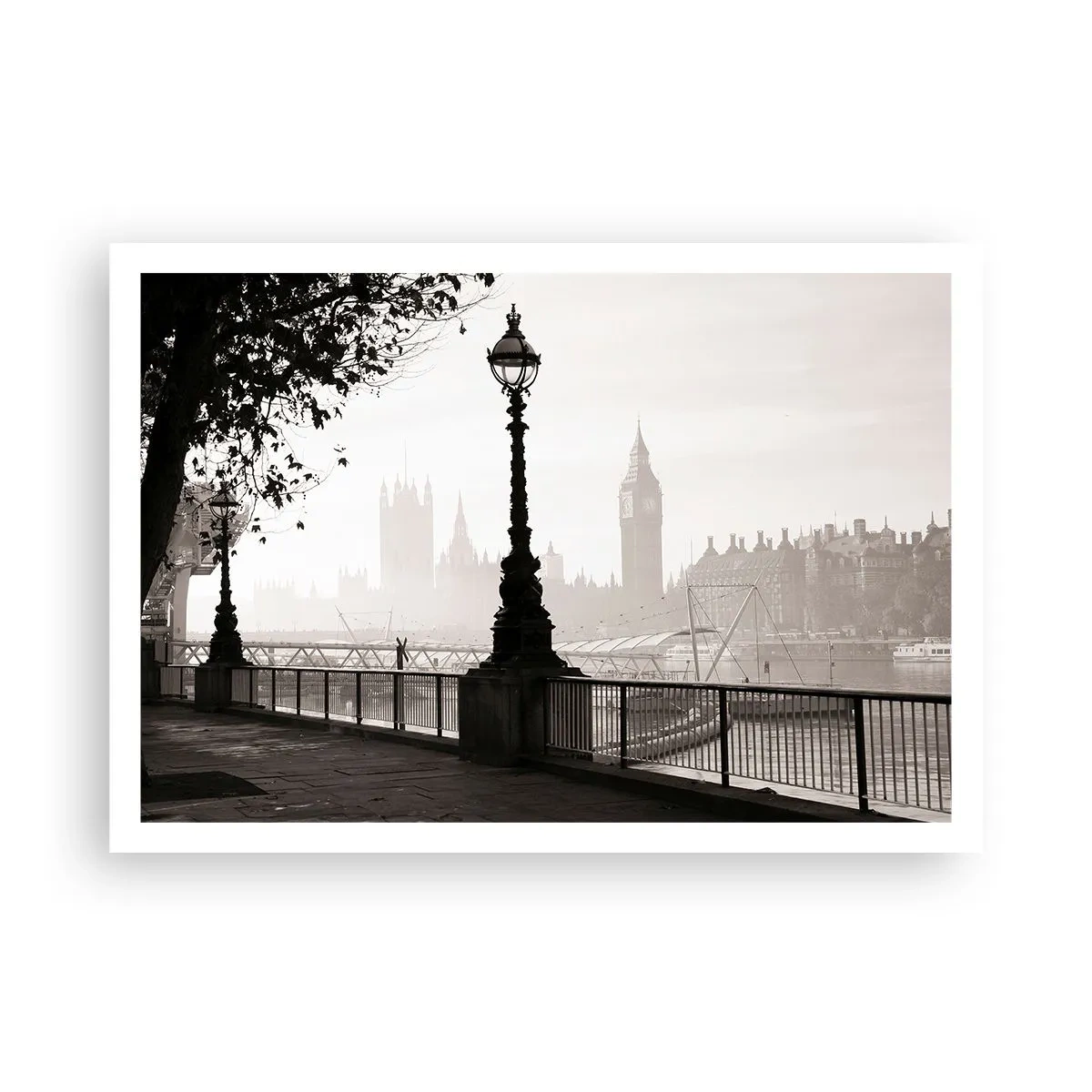 Affiche - Poster - Une vue monochrome de Big Ben et de la Tamise. - 100x70cm - Un matin londonien - Décoration murale moderne pour le salon et la chambre ARTTOR