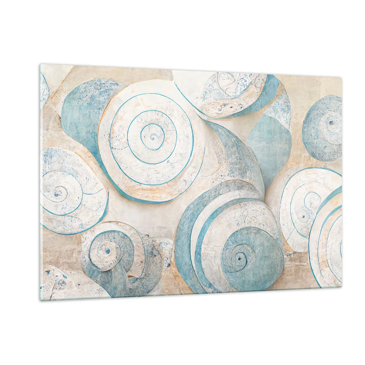 Impression sur verre - Image sur verre - Coquillages dans une palette bleue et beige sur un fond structuré - 120x80cm - Que cache la coque ? - Décoration murale moderne pour le salon et la chambre ARTTOR