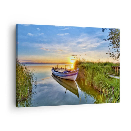 Impression sur toile - Image sur toile - Un bateau dans une baie tranquille au coucher du soleil - 70x50cm - La crique où les rêves deviennent réalité - Décoration murale moderne pour le salon et la chambre ARTTOR