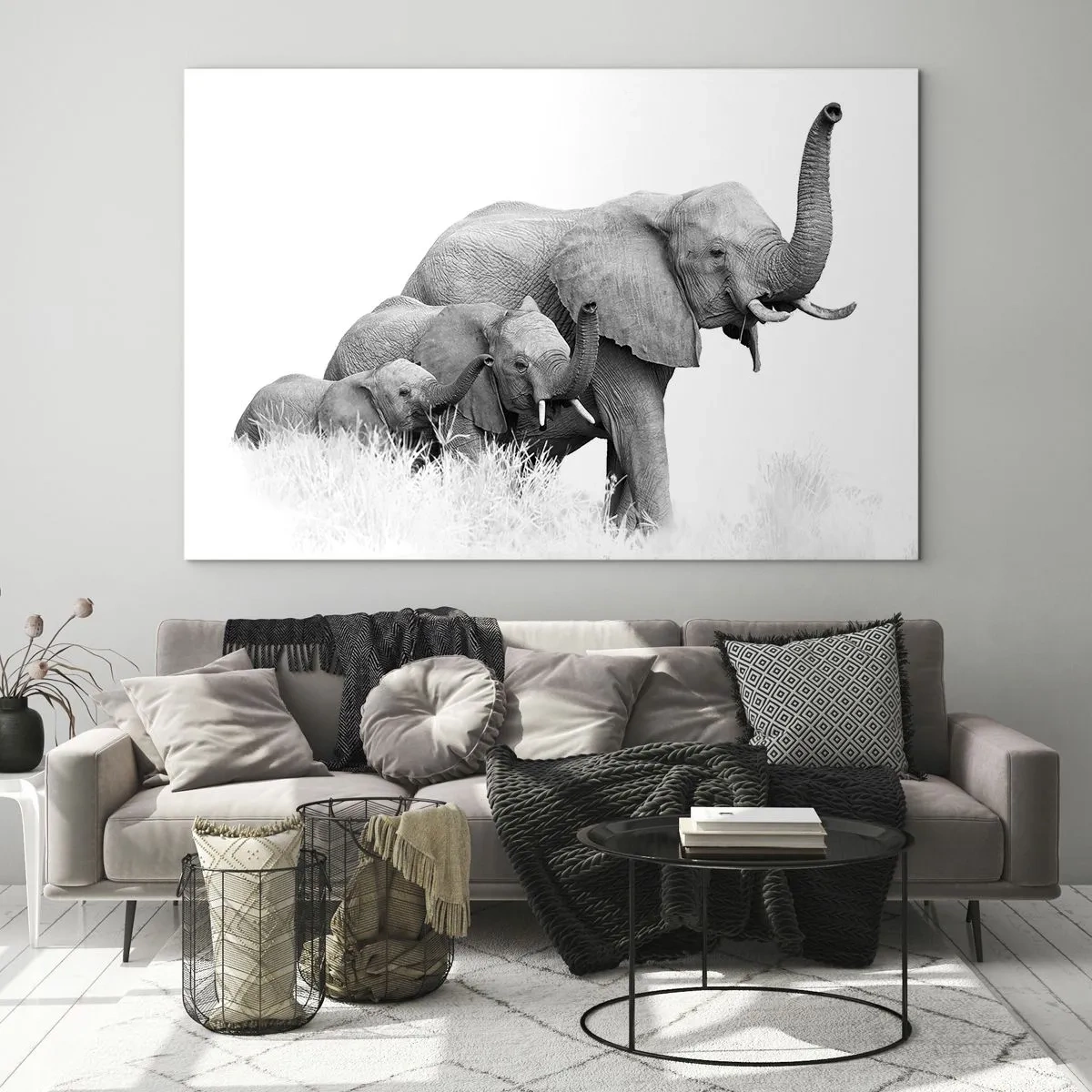 Impression sur verre - Image sur verre - Famille d'éléphants noirs et blancs dans la nature - 120x80cm - Un, deux, trois - Décoration murale moderne pour le salon et la chambre ARTTOR