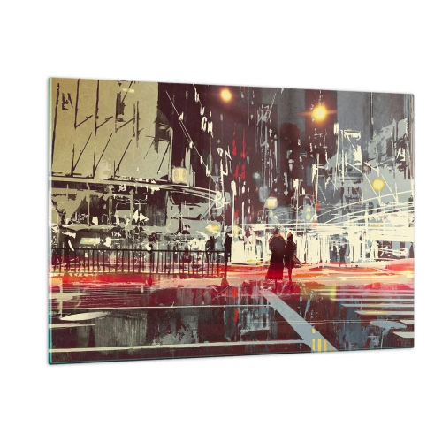 Impression sur verre - Image sur verre - Paysage urbain nocturne avec néons et silhouettes de passants - 120x80cm - Une grande traversée de ville - Décoration murale moderne pour le salon et la chambre ARTTOR