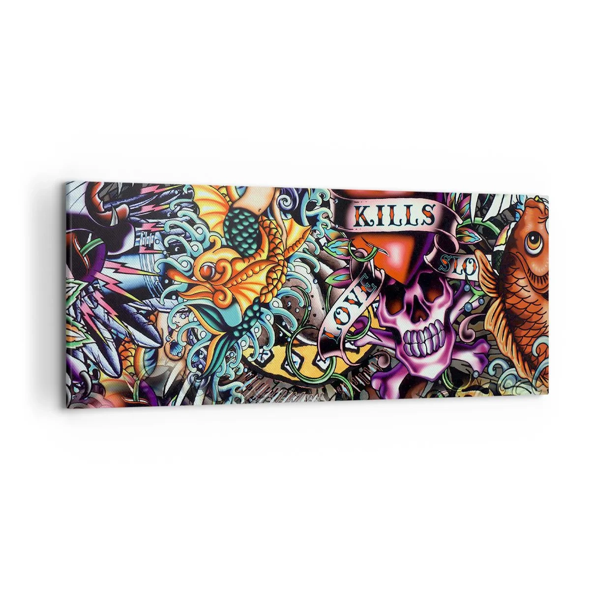 Impression sur toile - Image sur toile - Œuvre d'art colorée de style tatouage avec des crânes et des motifs nautiques - 120x50cm - Le rêve du tatoueur - Décoration murale moderne pour le salon et la chambre ARTTOR