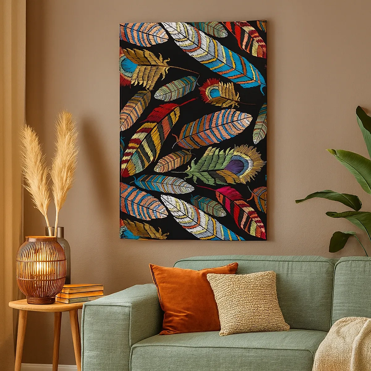 Impression sur toile - Image sur toile - Plumes colorées sur fond noir - 50x70cm - Le carnaval des oiseaux - Décoration murale moderne pour le salon et la chambre ARTTOR