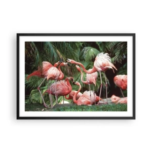 Affiche dans un cadre noir - Poster - Un groupe de flamants roses dans un cadre tropical entouré de palmiers - 70x50cm - Potins d'après-midi - Décoration murale moderne pour le salon et la chambre ARTTOR