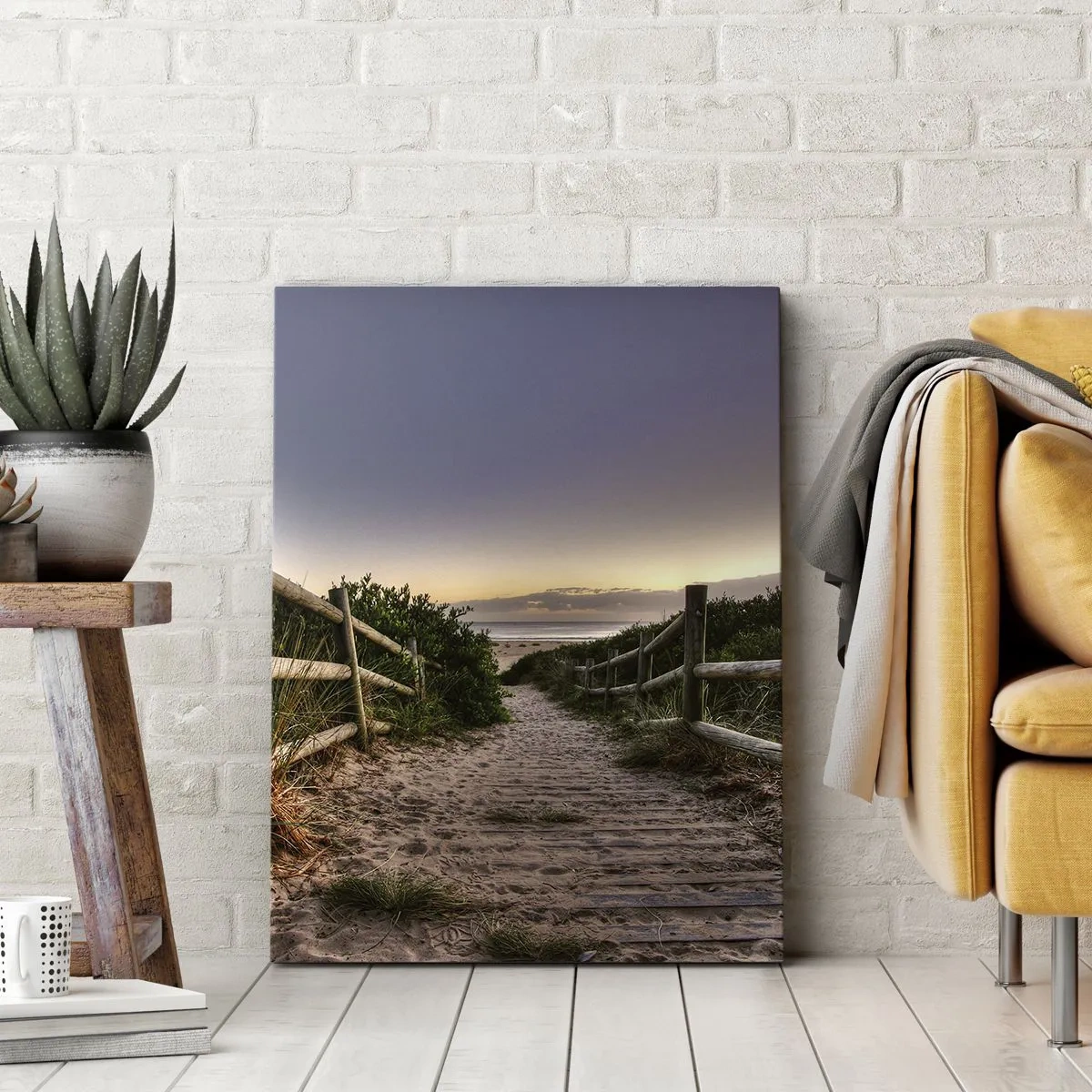 Impression sur toile - Image sur toile - Chemin en bois dans les dunes menant à la plage au coucher du soleil - 50x70cm - On voit déjà le but - Décoration murale moderne pour le salon et la chambre ARTTOR