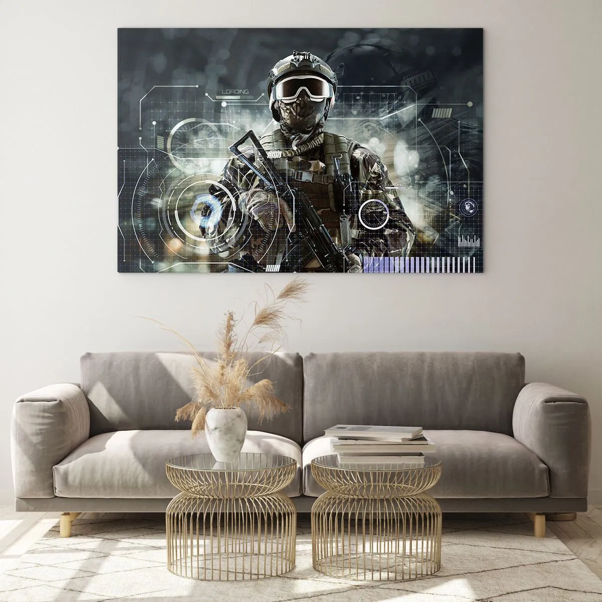 Impression sur verre - Image sur verre - Un soldat en équipement tactique sur fond d'interface futuriste. - 70x50cm - Puissance sans limite - Décoration murale moderne pour le salon et la chambre ARTTOR