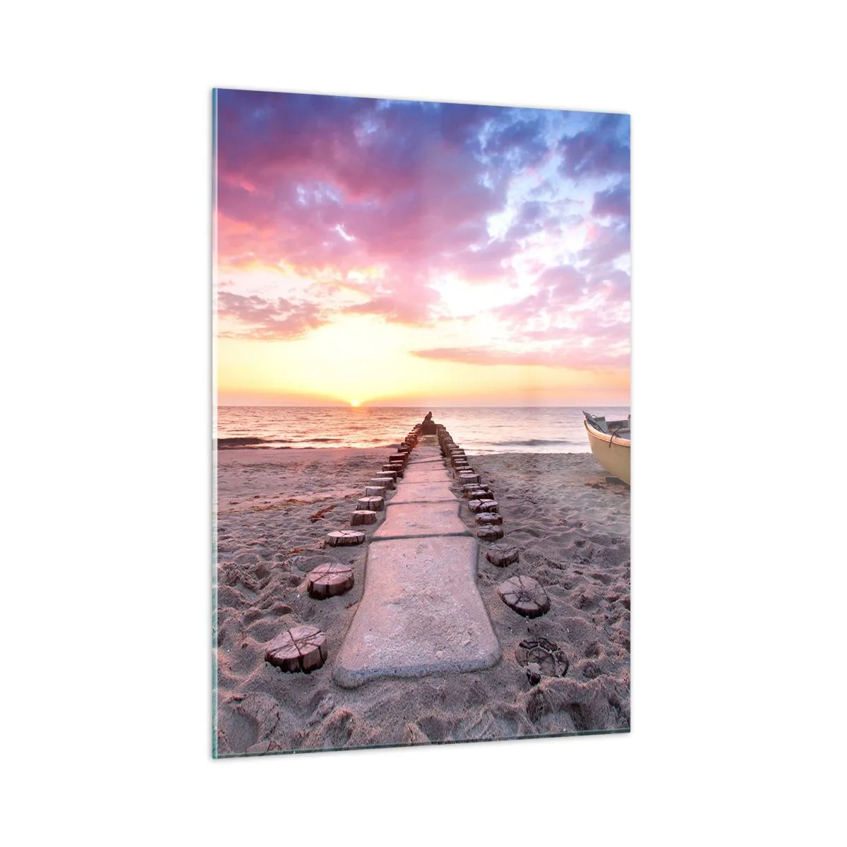 Impression sur verre - Image sur verre - Plage au coucher du soleil avec bateau et jetée - 50x70cm - Moment d'expérience profonde - Décoration murale moderne pour le salon et la chambre ARTTOR