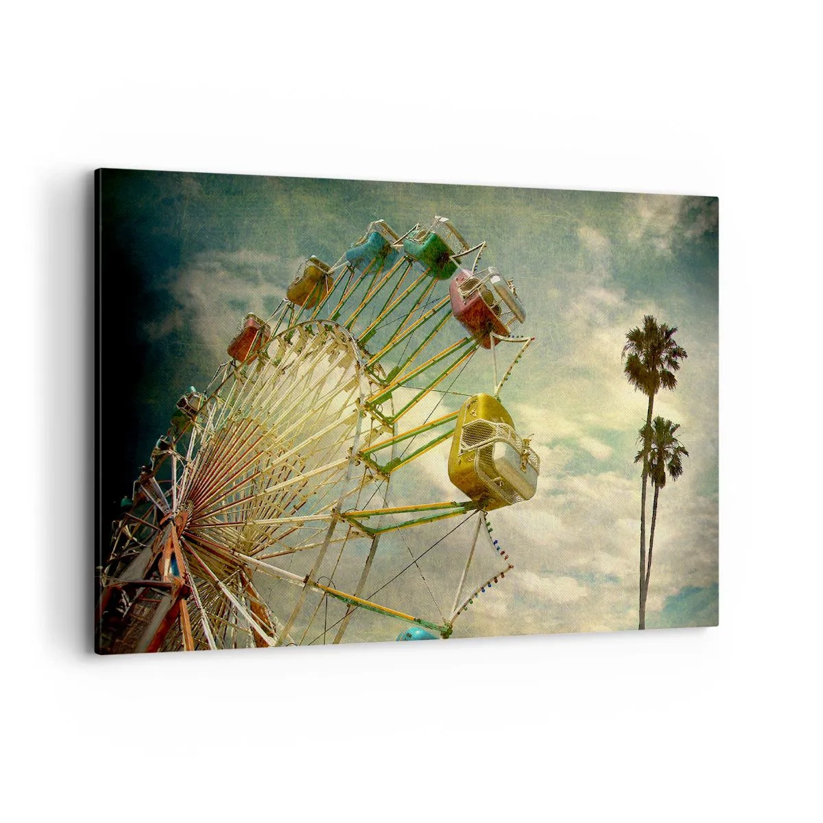 Impression sur toile - Image sur toile - Photo rétro d'une grande roue avec des palmiers contre le ciel - 120x80cm - On va faire la fête - Décoration murale moderne pour le salon et la chambre ARTTOR