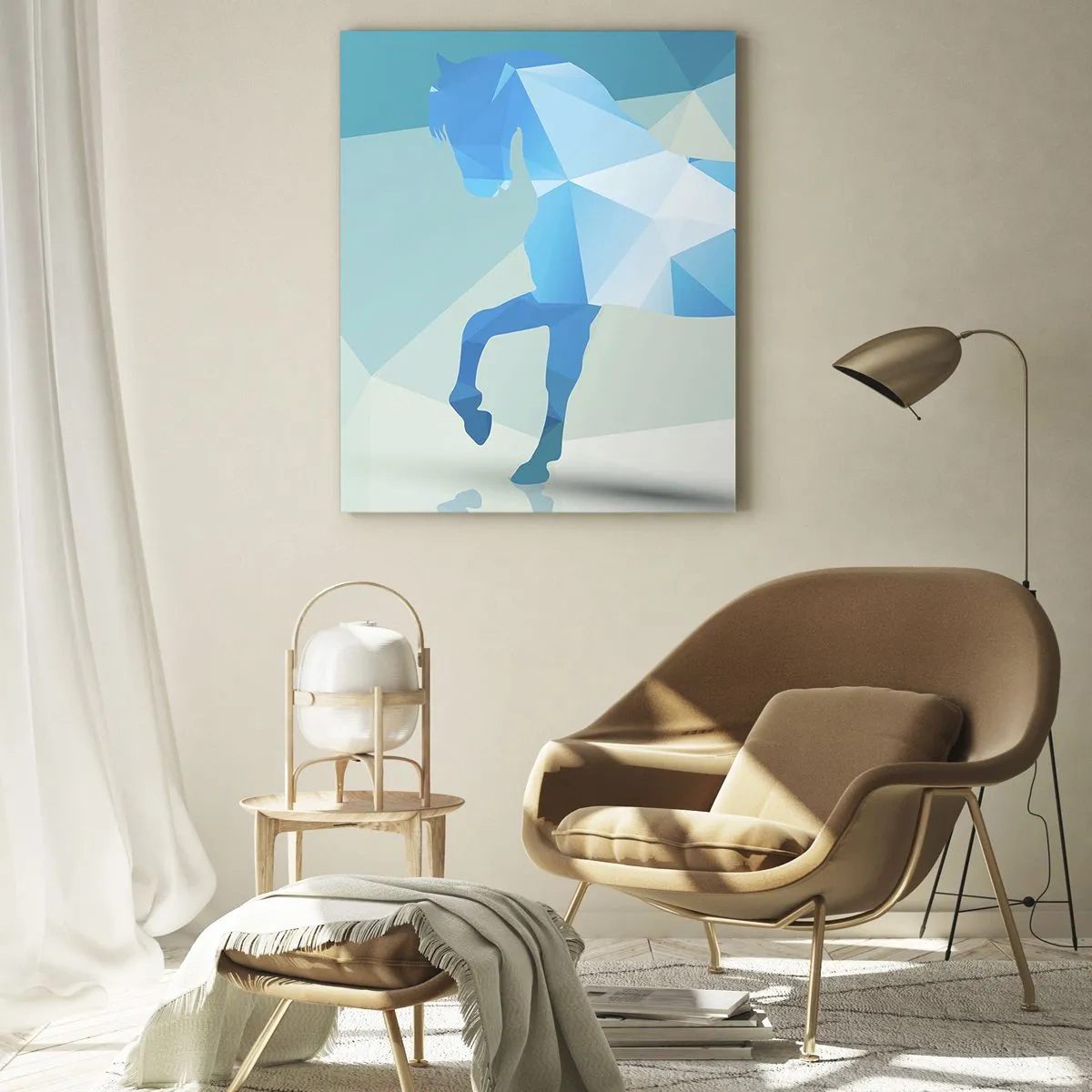 Impression sur verre - Image sur verre - Silhouette géométrique d'un cheval dans des tons bleus - 80x120cm - Cheval géométrique en turquoise - Décoration murale moderne pour le salon et la chambre ARTTOR