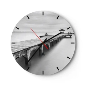 Horloge murale - Pendule murale - Jetée en bois sur une eau calme en noir et blanc - 30x30cm - À l'horizon - Décoration murale moderne pour le salon, la cuisine et la chambre ARTTOR