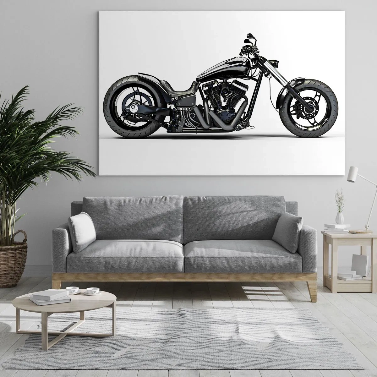 Impression sur verre - Image sur verre - Moto customisée noire sur fond blanc - 70x50cm - Pour ceux qui aiment la liberté - Décoration murale moderne pour le salon et la chambre ARTTOR
