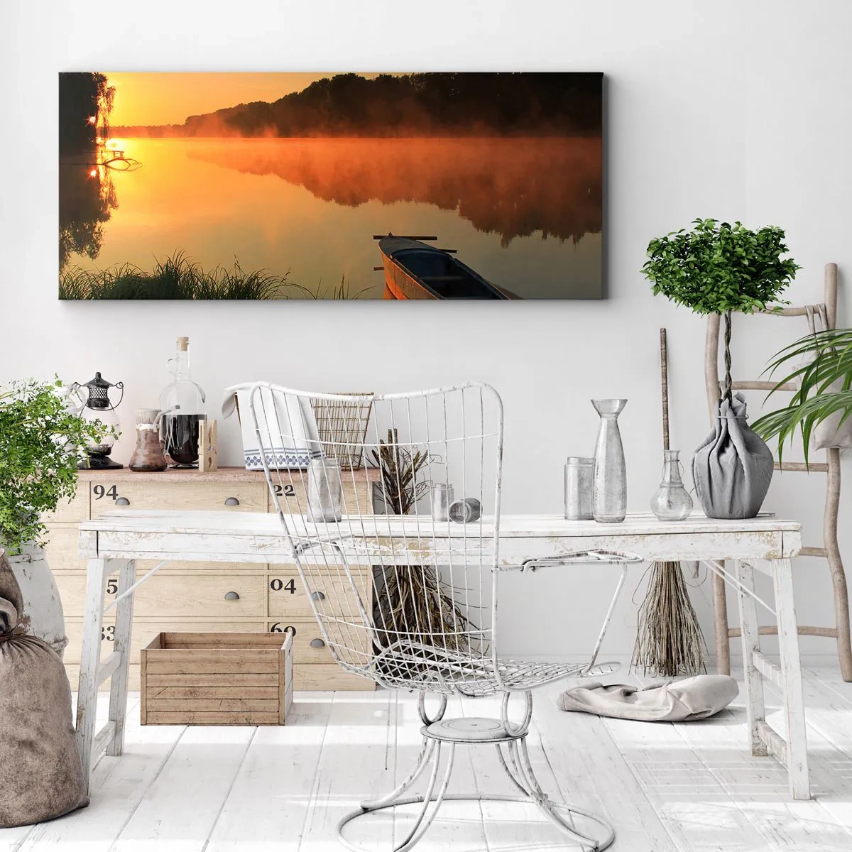 Impression sur toile - Image sur toile - Brouillard matinal sur la rivière avec un bateau sous les rayons du soleil - 120x50cm - Lever du soleil sur l'eau comme un miroir - Décoration murale moderne pour le salon et la chambre ARTTOR