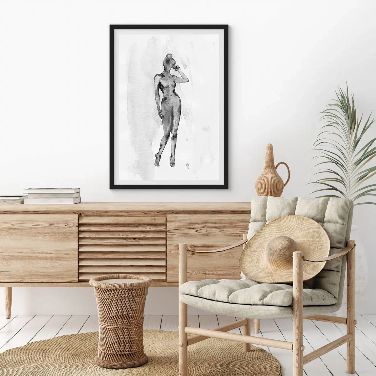 Affiche dans un cadre noir - Poster - Silhouette d'une femme en technique d'aquarelle noir et blanc - 50x70cm - Etude de l'idéal de la féminité - Décoration murale moderne pour le salon et la chambre ARTTOR