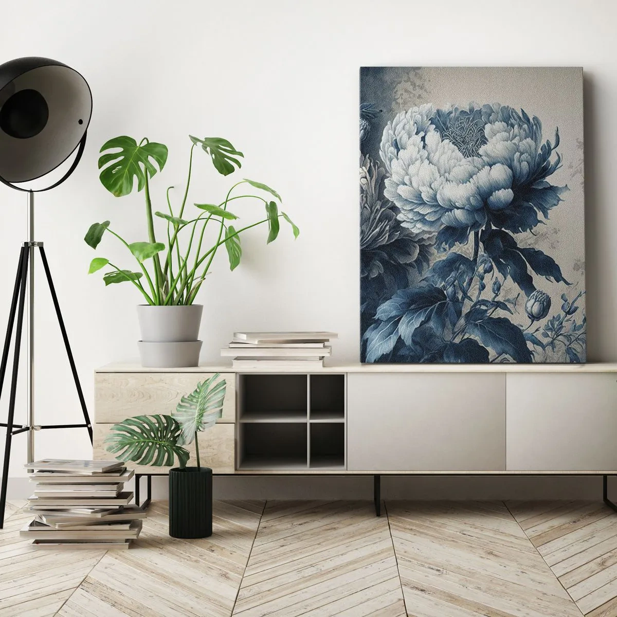 Impression sur toile - Image sur toile - Pivoines bleues sur un fond subtil avec un motif délicat - 50x70cm - Paire assortie - Décoration murale moderne pour le salon et la chambre ARTTOR