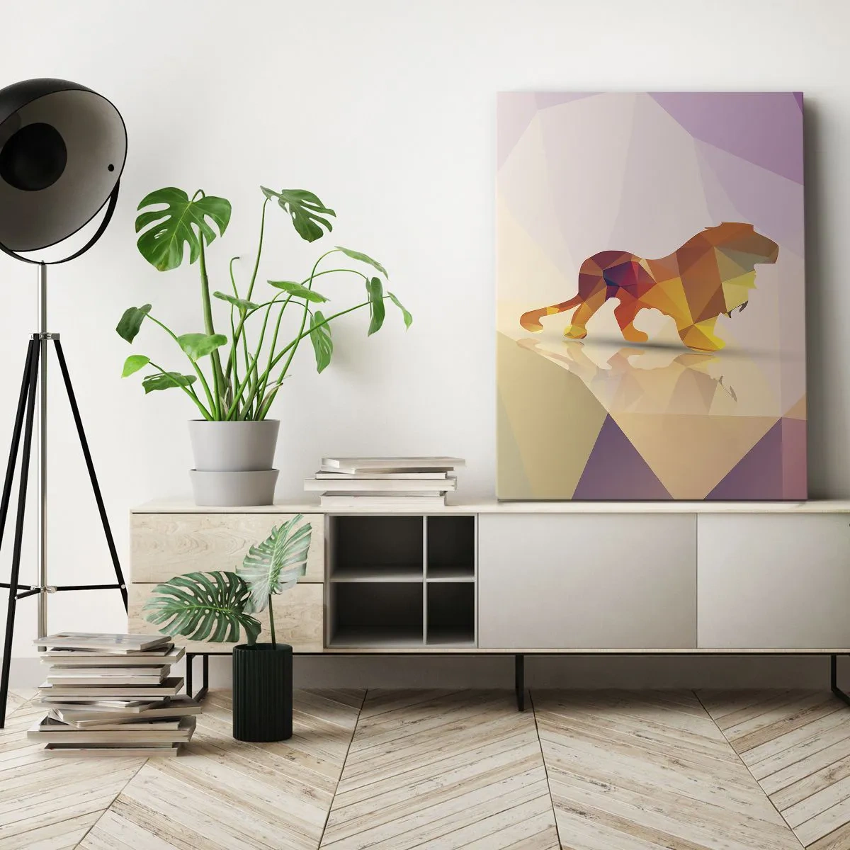 Impression sur toile - Image sur toile - Silhouette géométrique d'un lion dans les tons jaune et orange - 80x120cm - Le roi du diamant - Décoration murale moderne pour le salon et la chambre ARTTOR