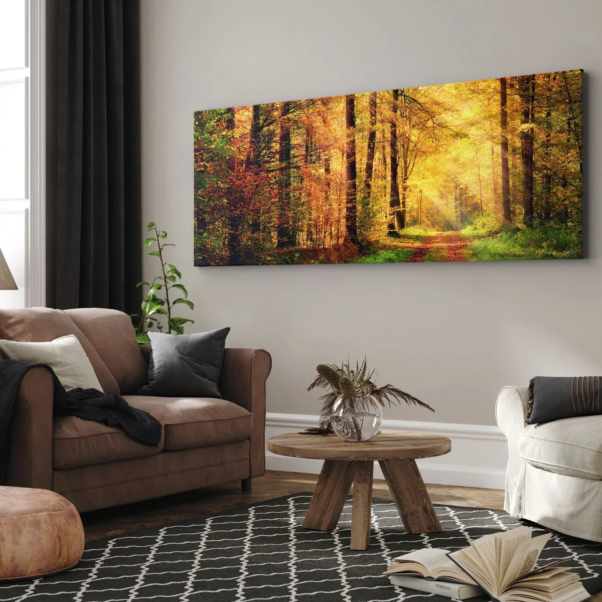 Impression sur toile - Image sur toile - Un chemin forestier entouré d'arbres dorés et verts - 140x50cm - Silence d'or en forêt - Décoration murale moderne pour le salon et la chambre ARTTOR