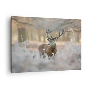 Impression sur toile - Image sur toile - Un cerf dans une clairière givrée dans une forêt hivernale aux couleurs subtiles - 70x50cm - Une matinée animée - Décoration murale moderne pour le salon et la chambre ARTTOR