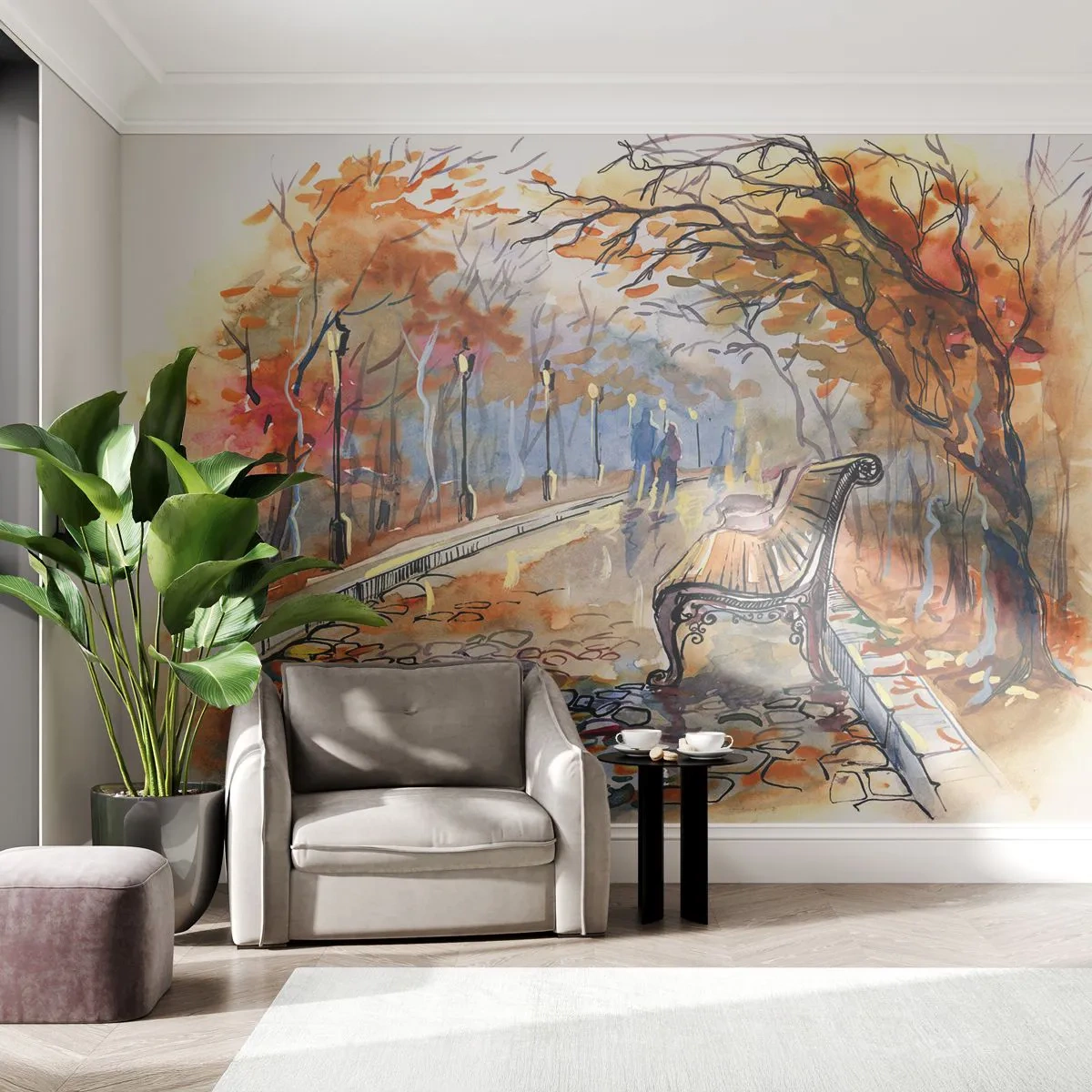 Papier Peint Photo Premium Canvas - Un parc d'automne avec un banc à l'aquarelle - 100x70cm - Errer ensemble à l'automne - Décoration murale moderne pour le salon et la chambre ARTTOR