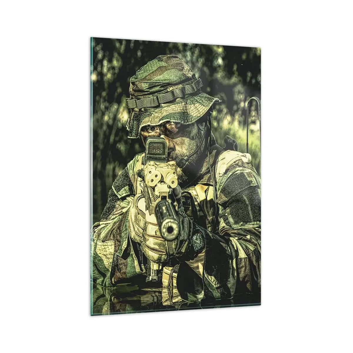 Impression sur verre - Image sur verre - Un soldat en tenue de camouflage vise à travers l'eau. - 80x120cm - Le meilleur des meilleurs - Décoration murale moderne pour le salon et la chambre ARTTOR