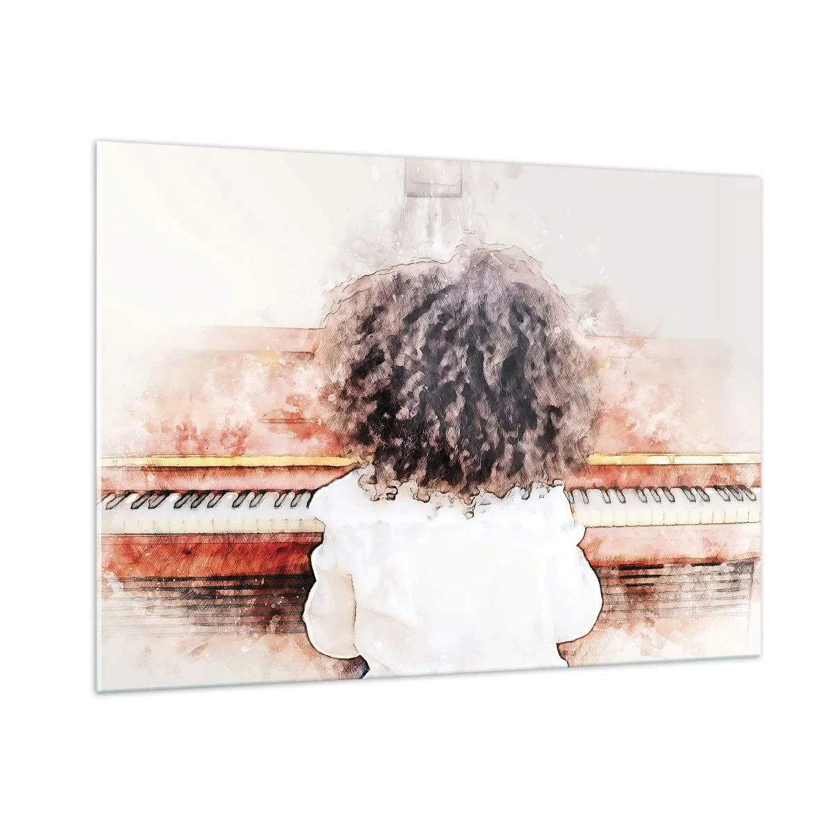Impression sur verre - Image sur verre - Un enfant aux cheveux bouclés jouant du piano - 100x70cm - Dans un nouveau monde - Décoration murale moderne pour le salon et la chambre ARTTOR