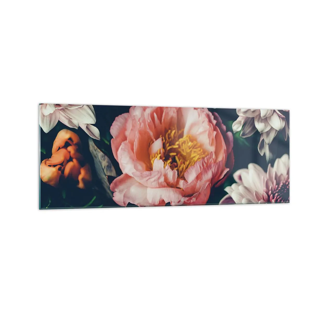 Impression sur verre - Image sur verre - Composition florale avec pivoines et chrysanthèmes sur fond sombre - 140x50cm - Splendeur baroque - Décoration murale moderne pour le salon et la chambre ARTTOR