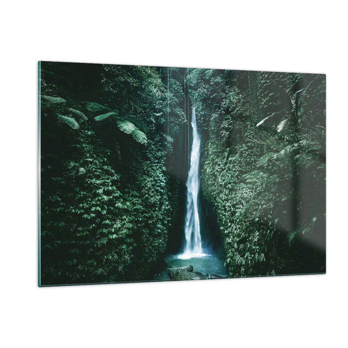 Impression sur verre - Image sur verre - Une cascade au milieu d'une végétation tropicale dense - 120x80cm - Fontaine tropicale - Décoration murale moderne pour le salon et la chambre ARTTOR
