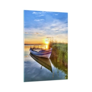 Impression sur verre - Image sur verre - Un bateau dans une baie tranquille au coucher du soleil - 70x100cm - La crique où les rêves deviennent réalité - Décoration murale moderne pour le salon et la chambre ARTTOR