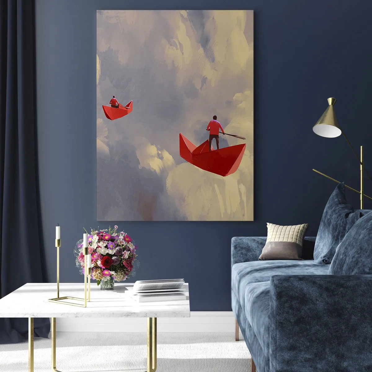 Impression sur verre - Image sur verre - Deux personnes dans des bateaux rouges contre un ciel nuageux - 50x70cm - Expédition des Rêveurs - Décoration murale moderne pour le salon et la chambre ARTTOR