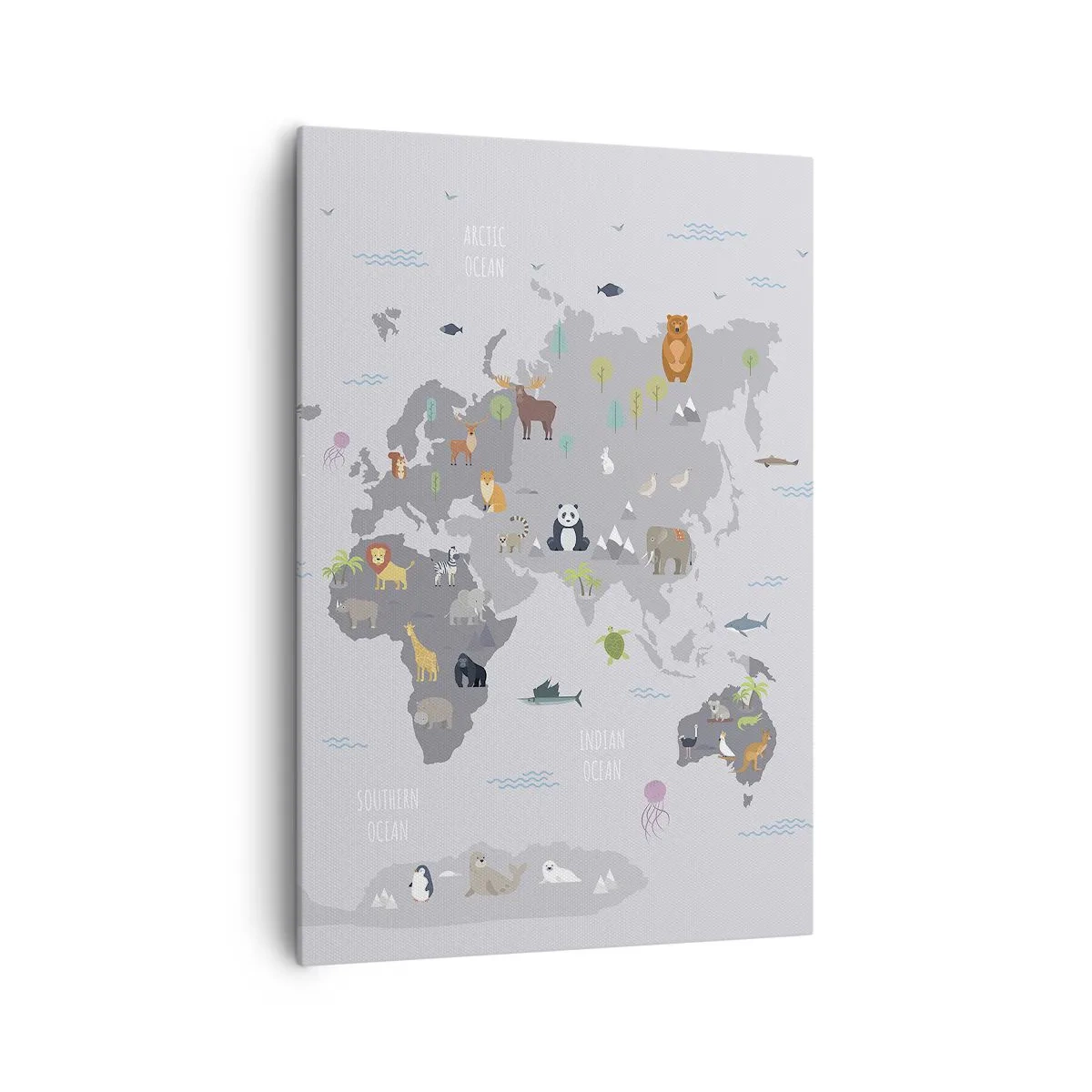 Impression sur toile - Image sur toile - Une carte du monde avec des illustrations d'animaux sur fond gris - 70x100cm - Dis-moi d'où tu viens... - Décoration murale moderne pour le salon et la chambre ARTTOR