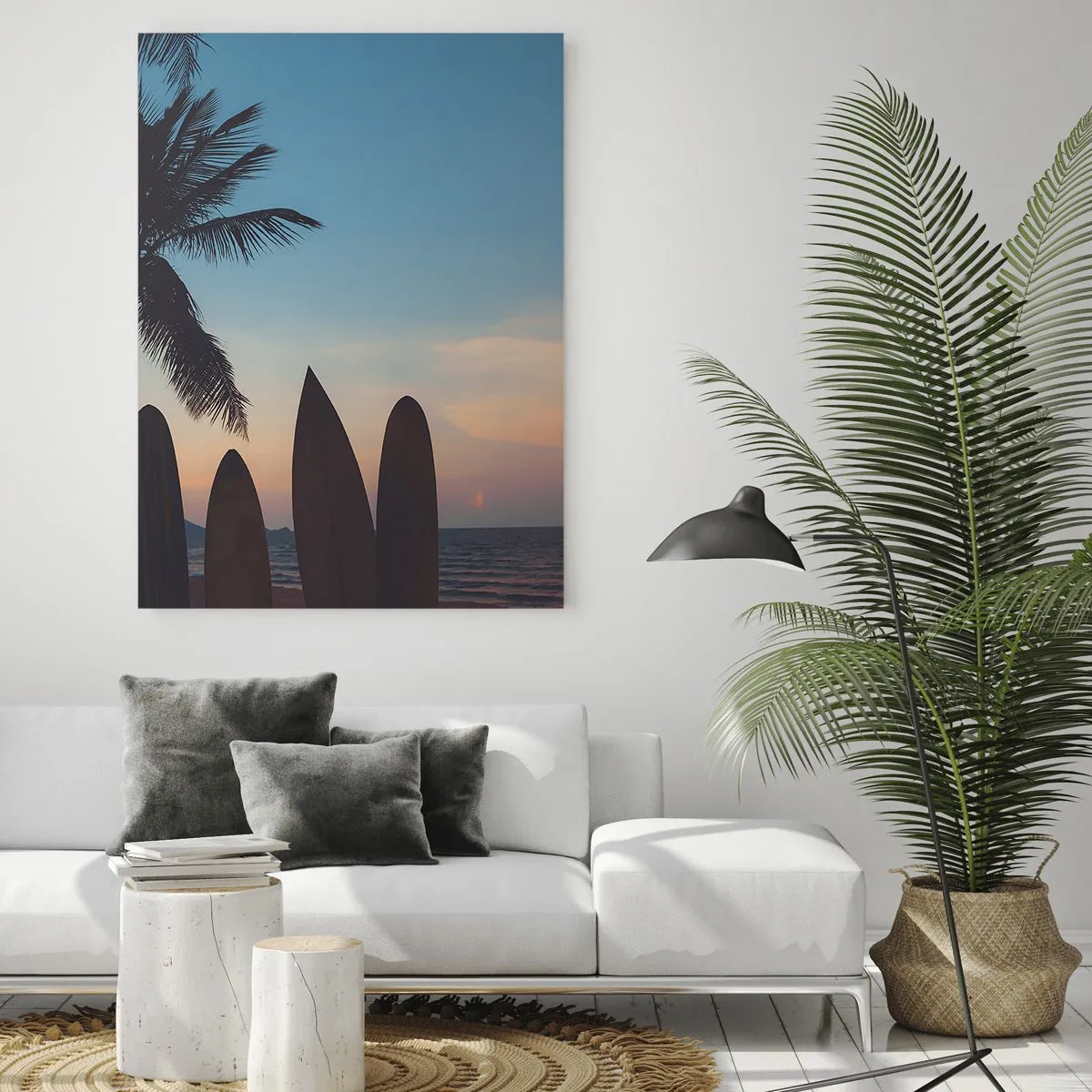 Impression sur verre - Image sur verre - Planches de surf sur fond de palmier et de coucher de soleil - 70x100cm - Demain sera amusant aussi - Décoration murale moderne pour le salon et la chambre ARTTOR