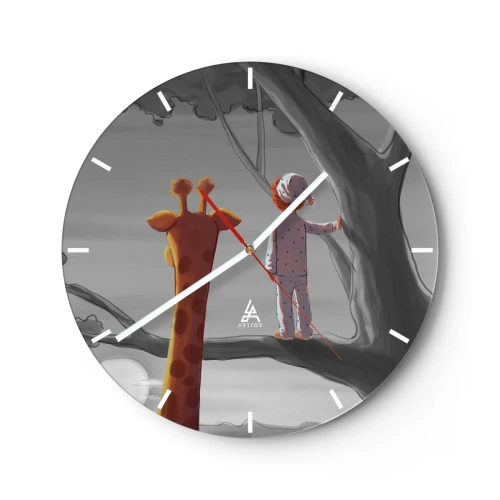 Horloge murale - Pendule murale - Un enfant en pyjama et une girafe se tiennent ensemble sur une branche d'arbre. - 30x30cm - Cela arrive vraiment - Décoration murale moderne pour le salon, la cuisine et la chambre ARTTOR