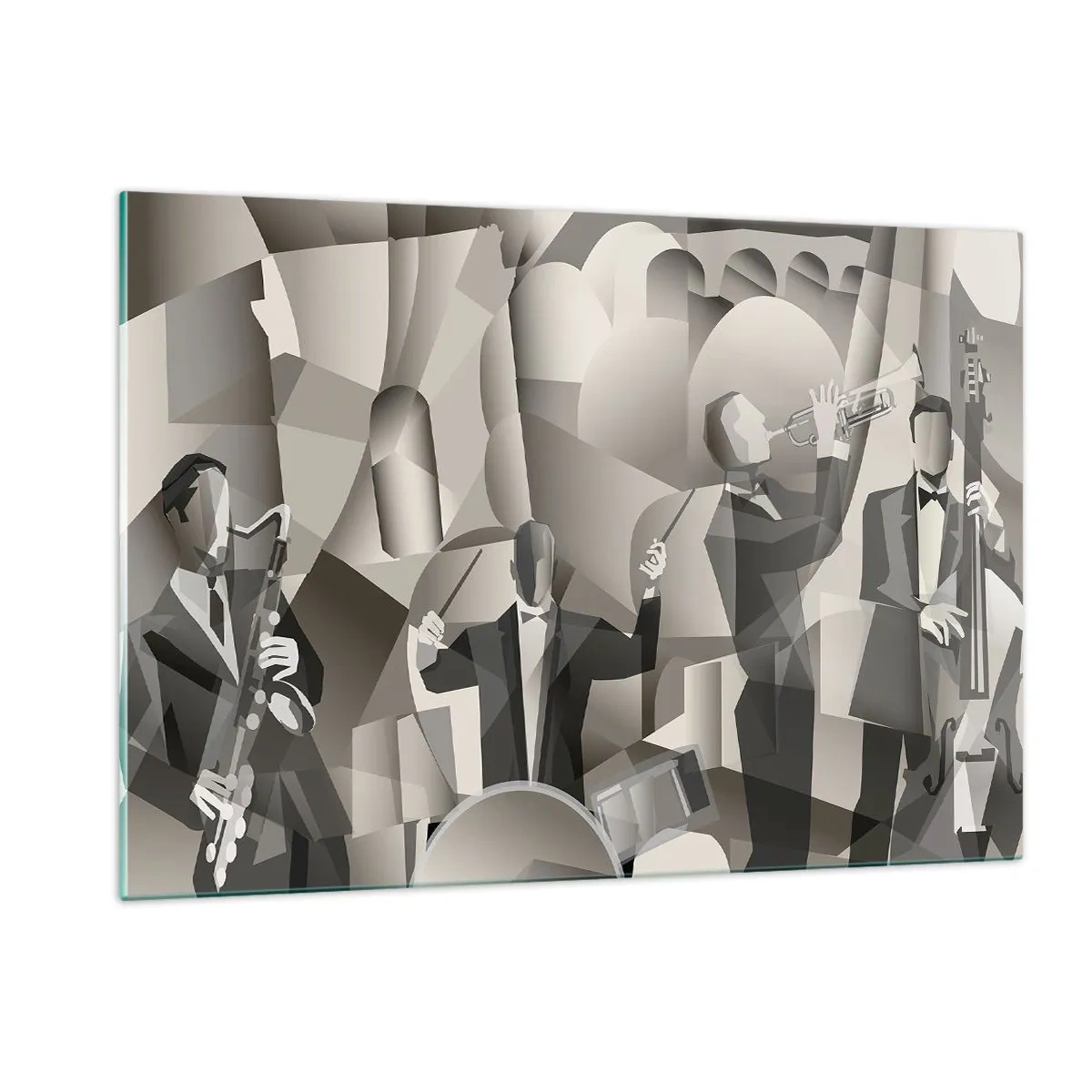 Impression sur verre - Image sur verre - Scène de groupe de jazz stylisée dans des tons monochromes - 120x80cm - Dans l'espace des sons - Décoration murale moderne pour le salon et la chambre ARTTOR