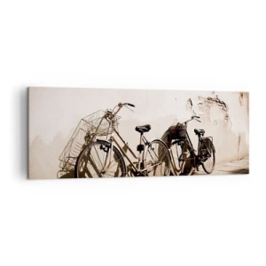 Impression sur toile - Image sur toile - Deux vélos appuyés contre un vieux mur de style rétro - 140x50cm - Le charme inoubliable du passé - Décoration murale moderne pour le salon et la chambre ARTTOR