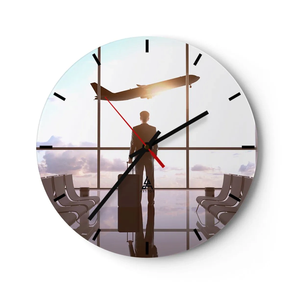 Horloge murale - Pendule murale - Un voyageur dans le hall de l'aéroport avec vue sur un avion qui décolle - 30x30cm - Vous avez le temps, ralentissez - Décoration murale moderne pour le salon, la cuisine et la chambre ARTTOR