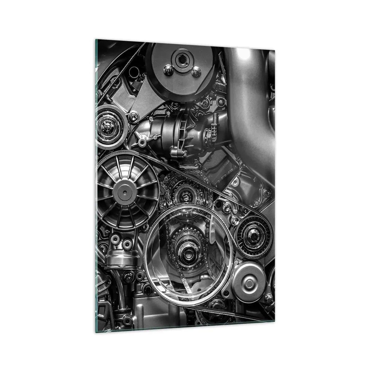 Impression sur verre - Image sur verre - Gros plan noir et blanc des détails mécaniques d'un moteur de voiture. - 70x100cm - Poésie mécanique - Décoration murale moderne pour le salon et la chambre ARTTOR