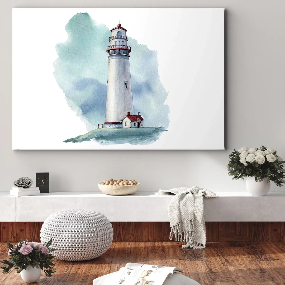 Impression sur toile - Image sur toile - Un phare sur un fond bleu aquarelle - 70x50cm - La douce sœur du bleu - Décoration murale moderne pour le salon et la chambre ARTTOR