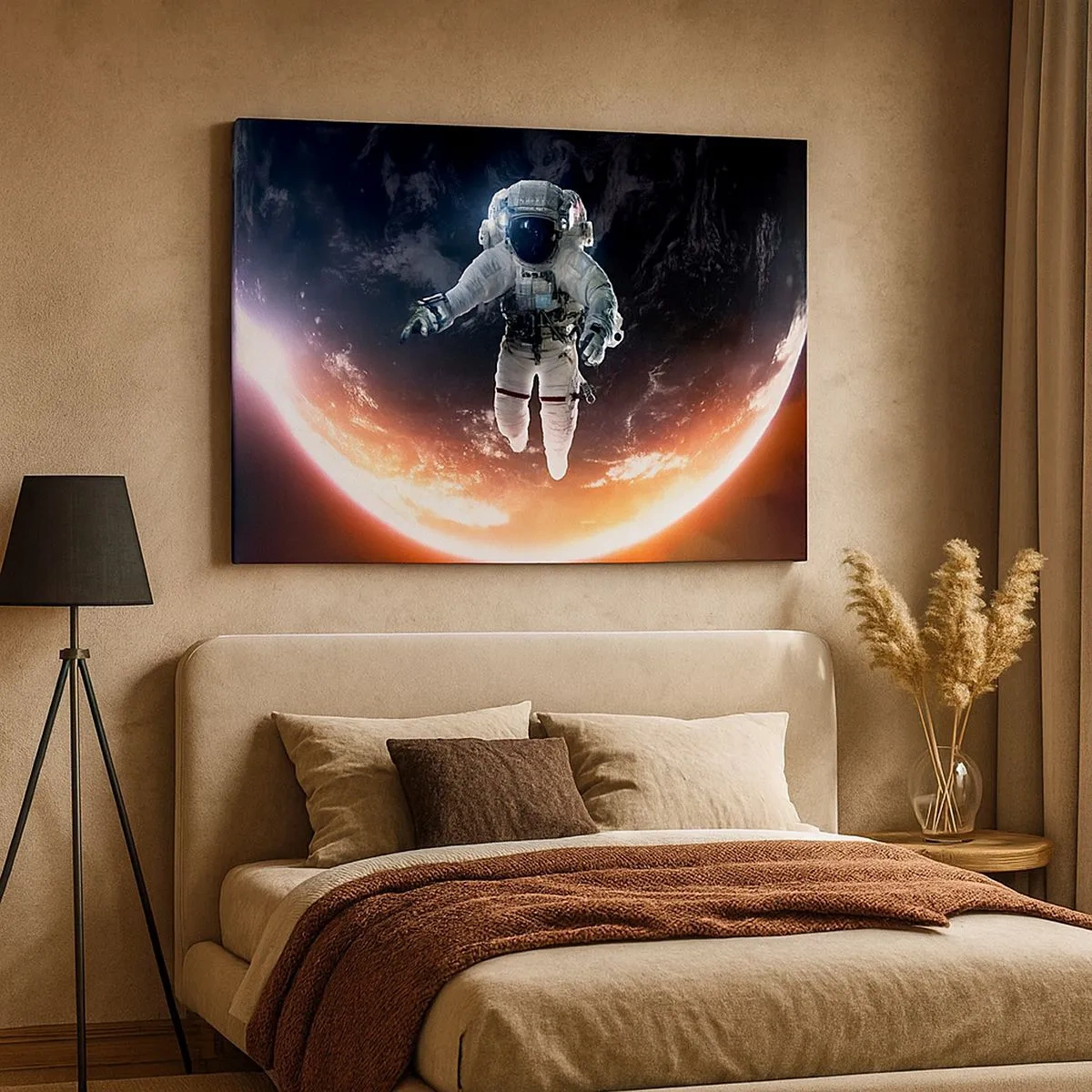 Impression sur toile - Image sur toile - Un astronaute flottant au-dessus d'une Terre éclairée par le soleil - 70x50cm - Puis-je rester un peu plus longtemps ? - Décoration murale moderne pour le salon et la chambre ARTTOR