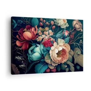 Impression sur toile - Image sur toile - Une composition colorée de fleurs sur un fond sombre - 70x50cm - le charme du 19ème siècle - Décoration murale moderne pour le salon et la chambre ARTTOR